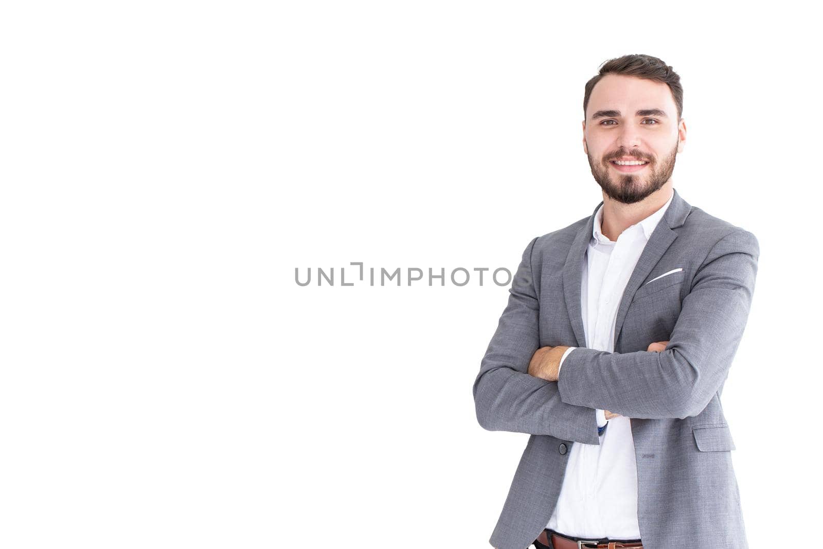 Caucasian businessman presentation smiling arm crossed posture isolated on white background.