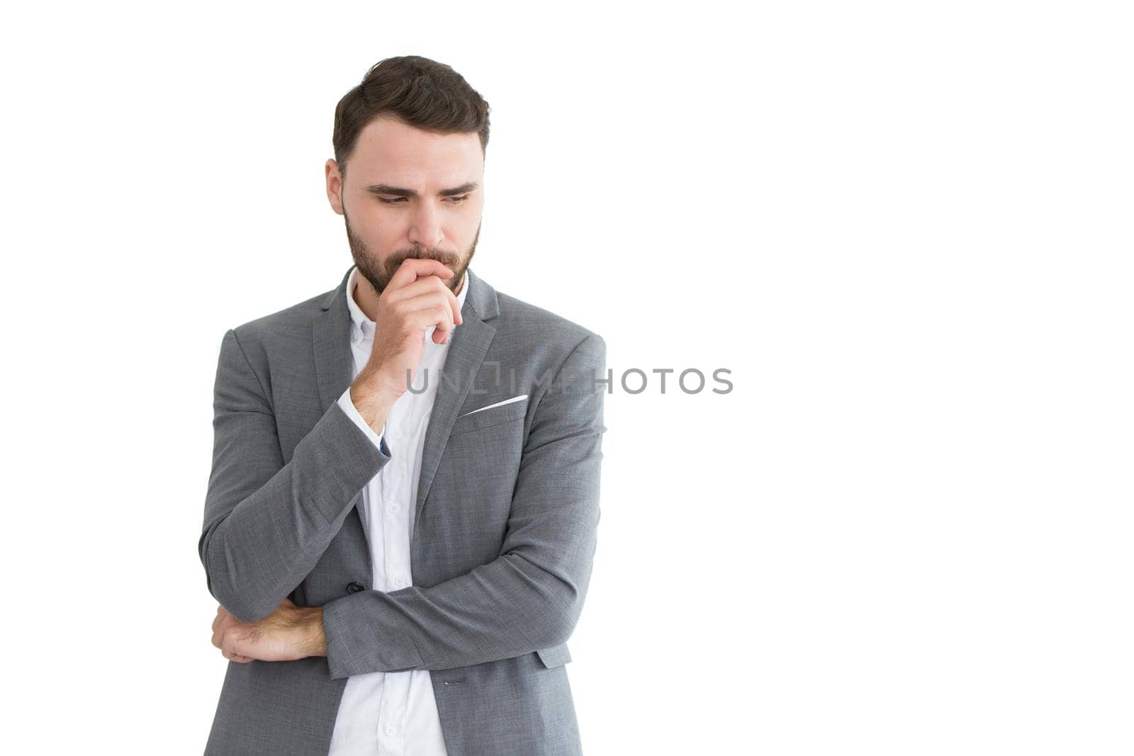 Business man thinking stress or consider make a decision posture isolated on white background. male forget mistake hesitate expression.