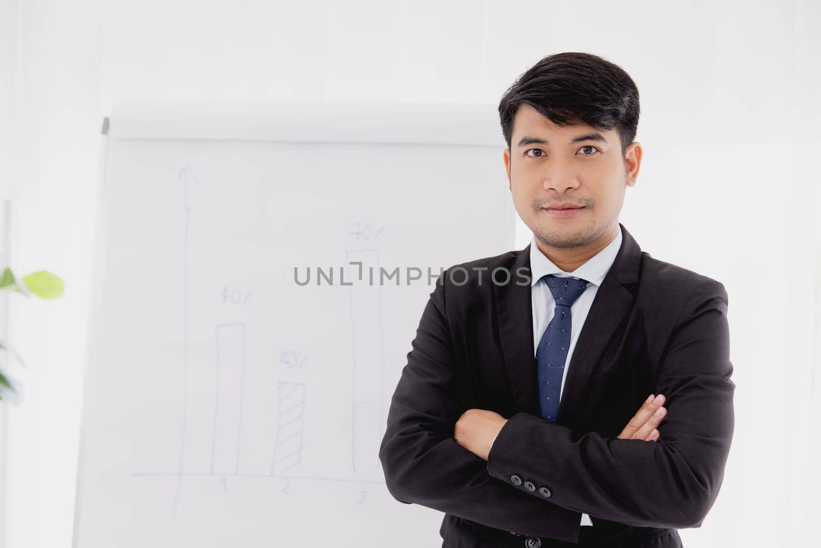 Smart confident Asian adult business man. office employee standing arm crossed looking camera. by qualitystocks
