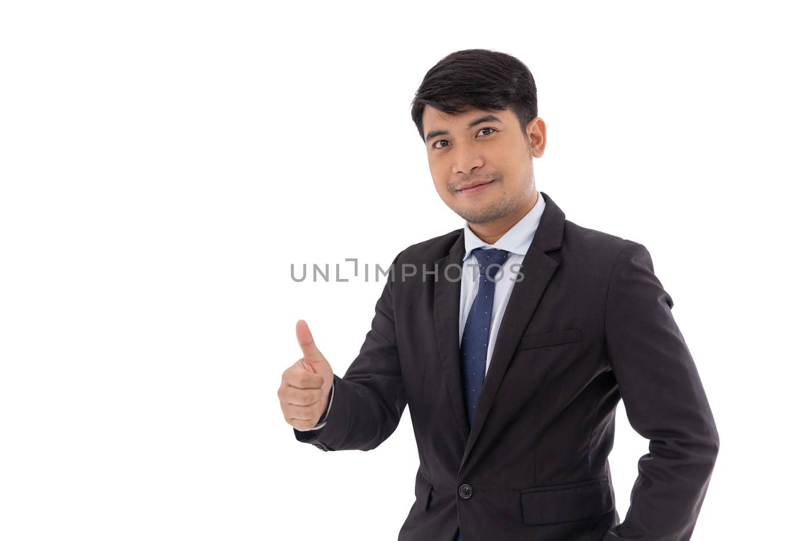 Adult Professional Asian business man male thumbs up standing confident isolated on white background with clipping path. by qualitystocks