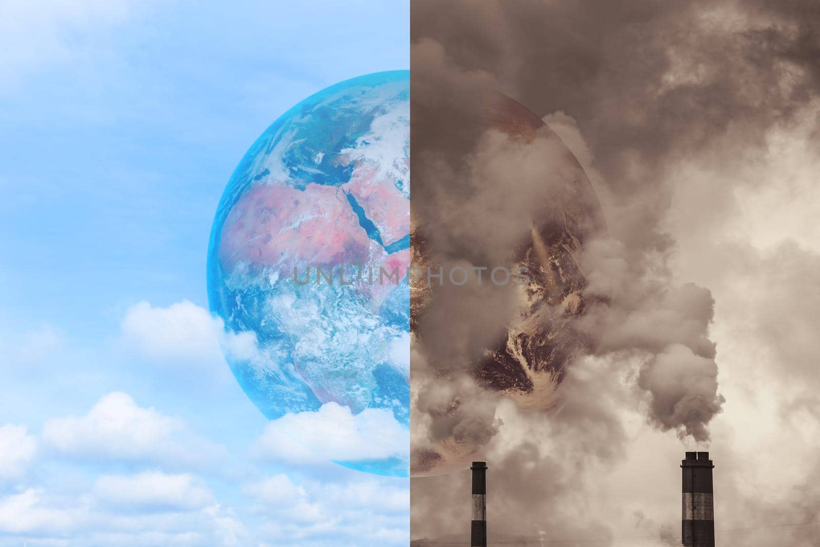 Pollution Earth compare with Clean Earth for Greenhouse effect and Global warming crisis Awareness concept.Elements of this image furnished by NASA. by qualitystocks