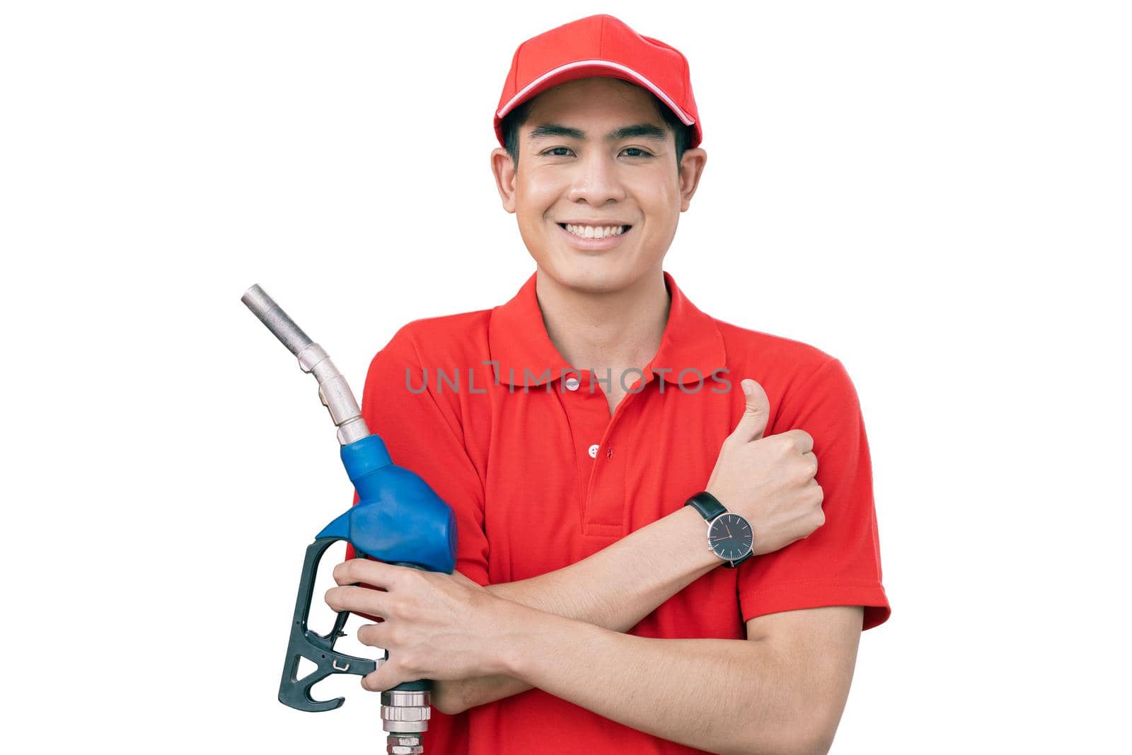 Gas station male man happy worker staff handle fuel nozzle and thumbs up isolated on white background with clipping path by qualitystocks