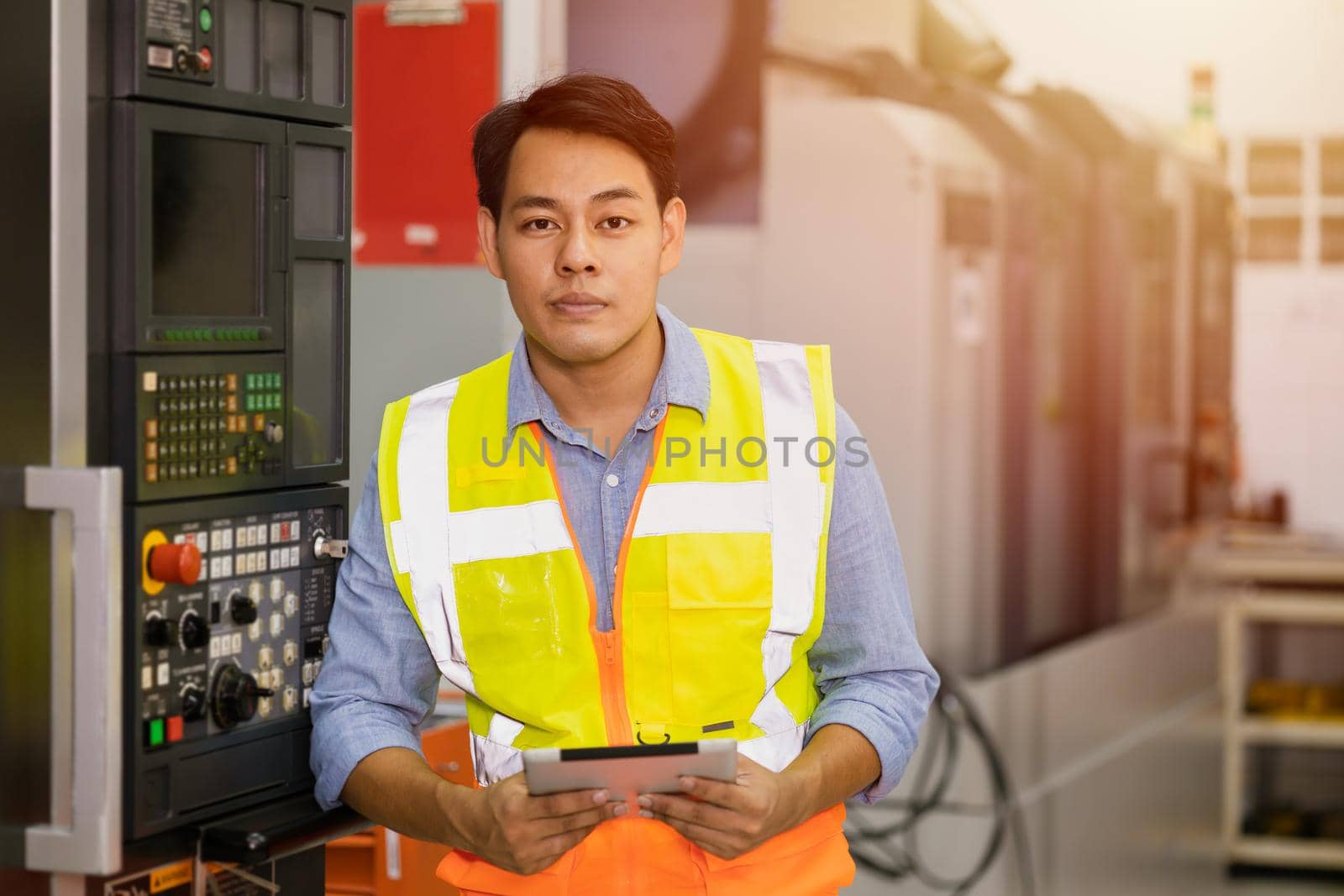 Smart adult professional Asian male engineer worker standing with CNC heavy machine and tablet computer in hand. by qualitystocks