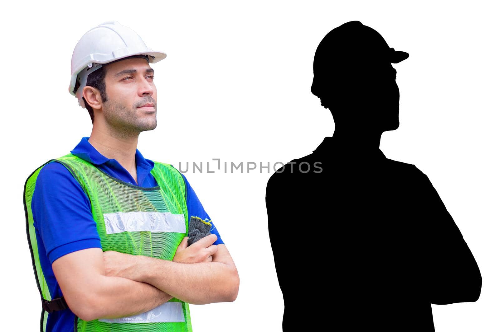 engineer industry worker male standing arm crossed half body isolated on white background with alpha channel shadow. by qualitystocks