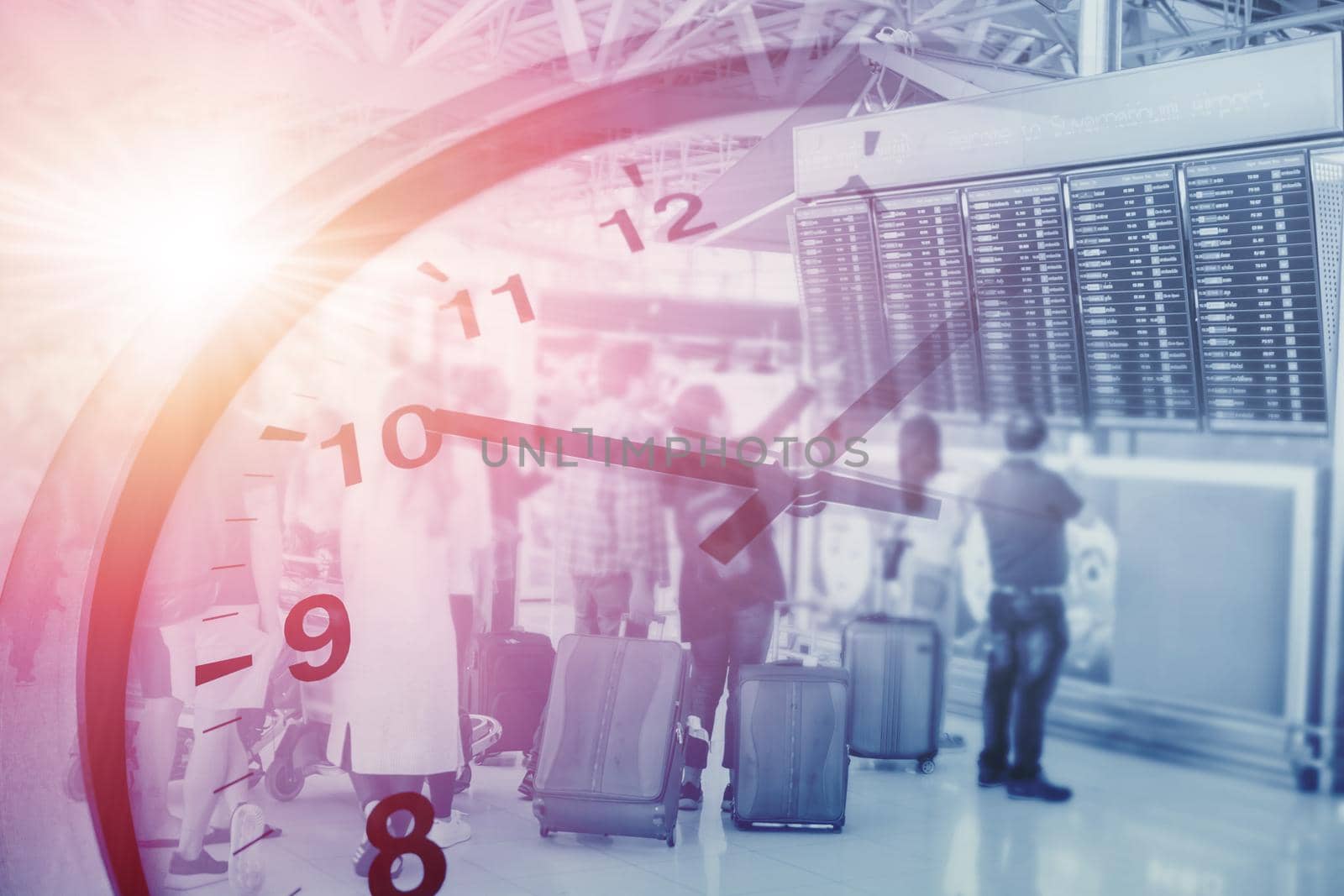 tourist in airport overlay with times clock blue color tone for Business travel countdown concept.