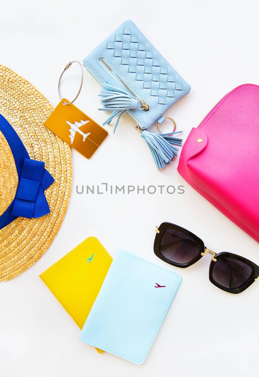 Preparation for vacation - hat, glasses, passport, cosmetic bag, purse. Close-up by sfinks