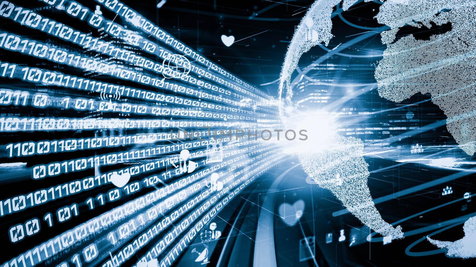 Futuristic global social media, people network and tacit digital data sharing . Concept of smart digital transformation and technology disruption that changes global trends in new information era .