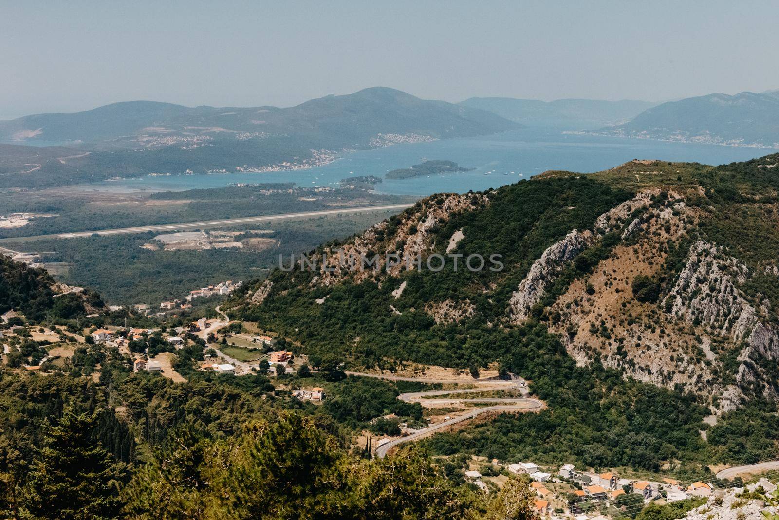 Beautiful nature mountains landscape. Kotor bay, Montenegro. Views of the Boka Bay, with the cities of Kotor and Tivat with the top of the mountain, Montenegro.