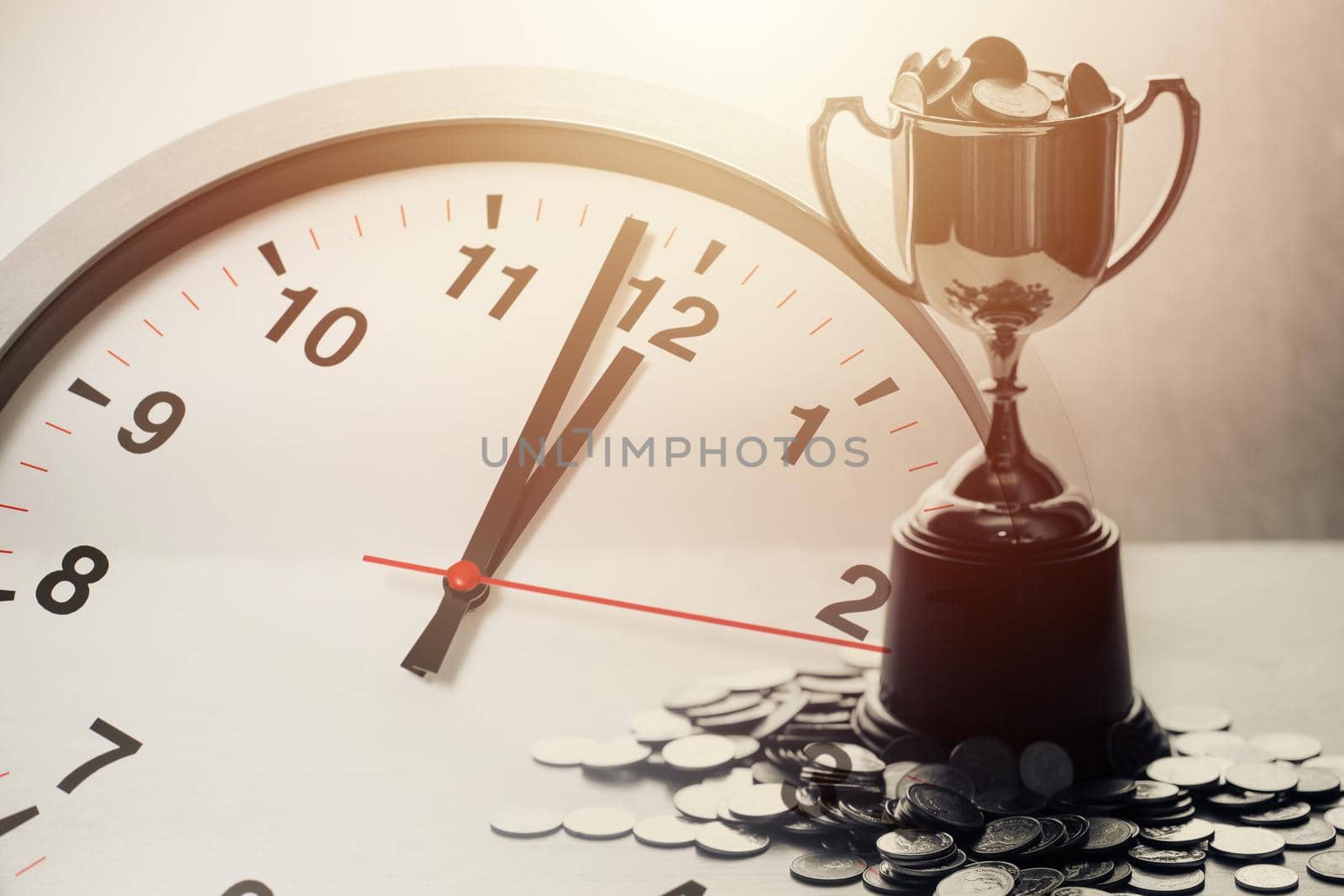 Money prize cup overlay time clock for times to successful win business game challenge and get rich concept.