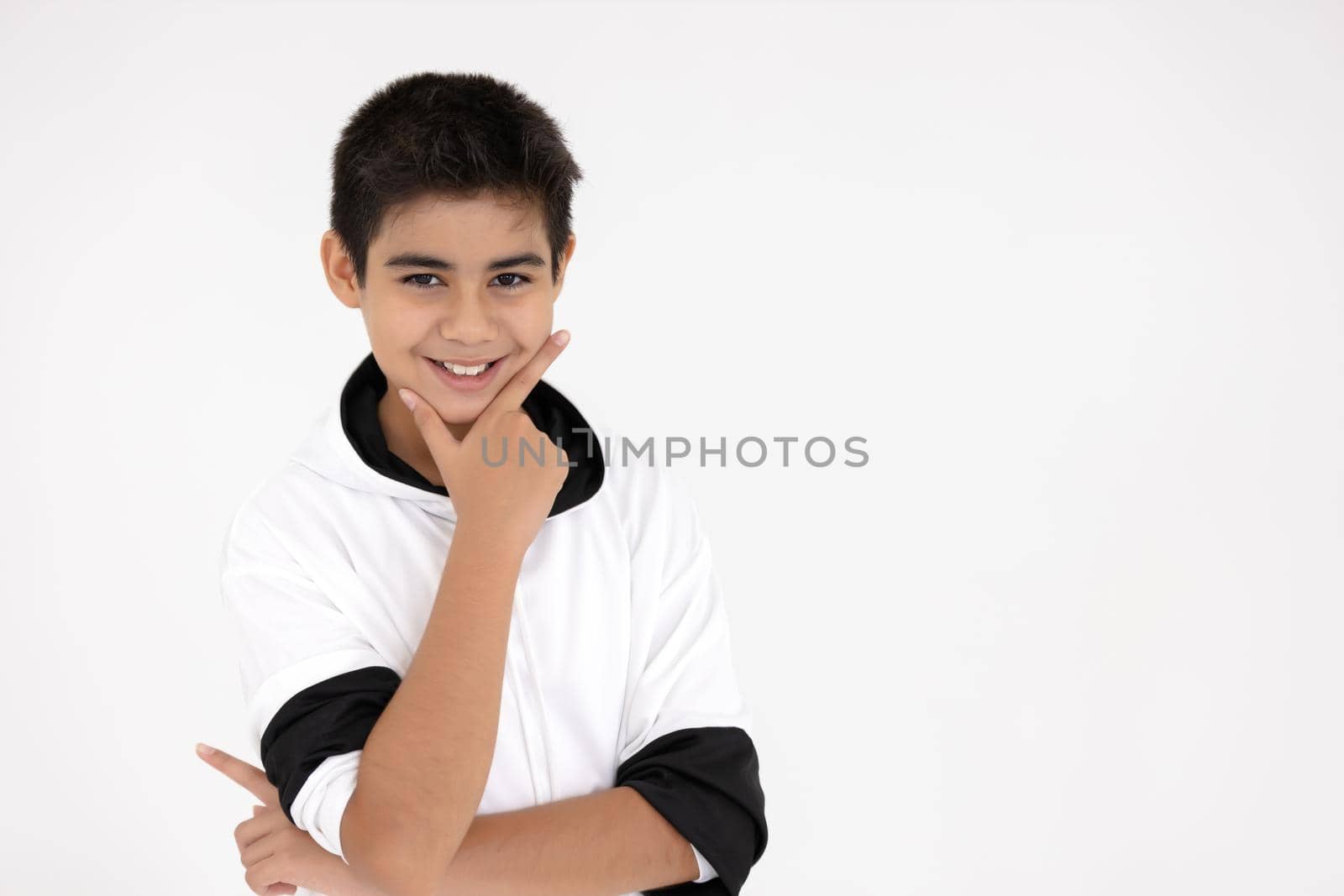 Portrait young smart kid Asian healthy boy teenager greeting happy smile funny isolated on white background.