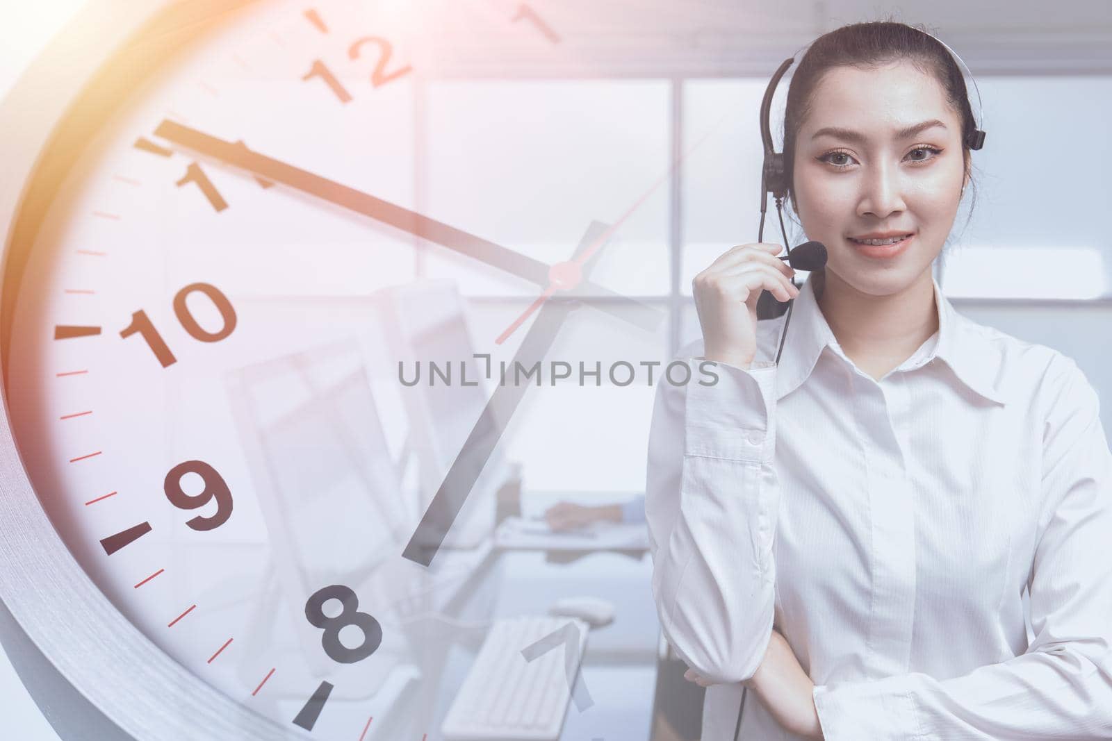 Customer Support and Care in time with smile. Fast Contact Hotline Call center team in office working hours times clock concept.