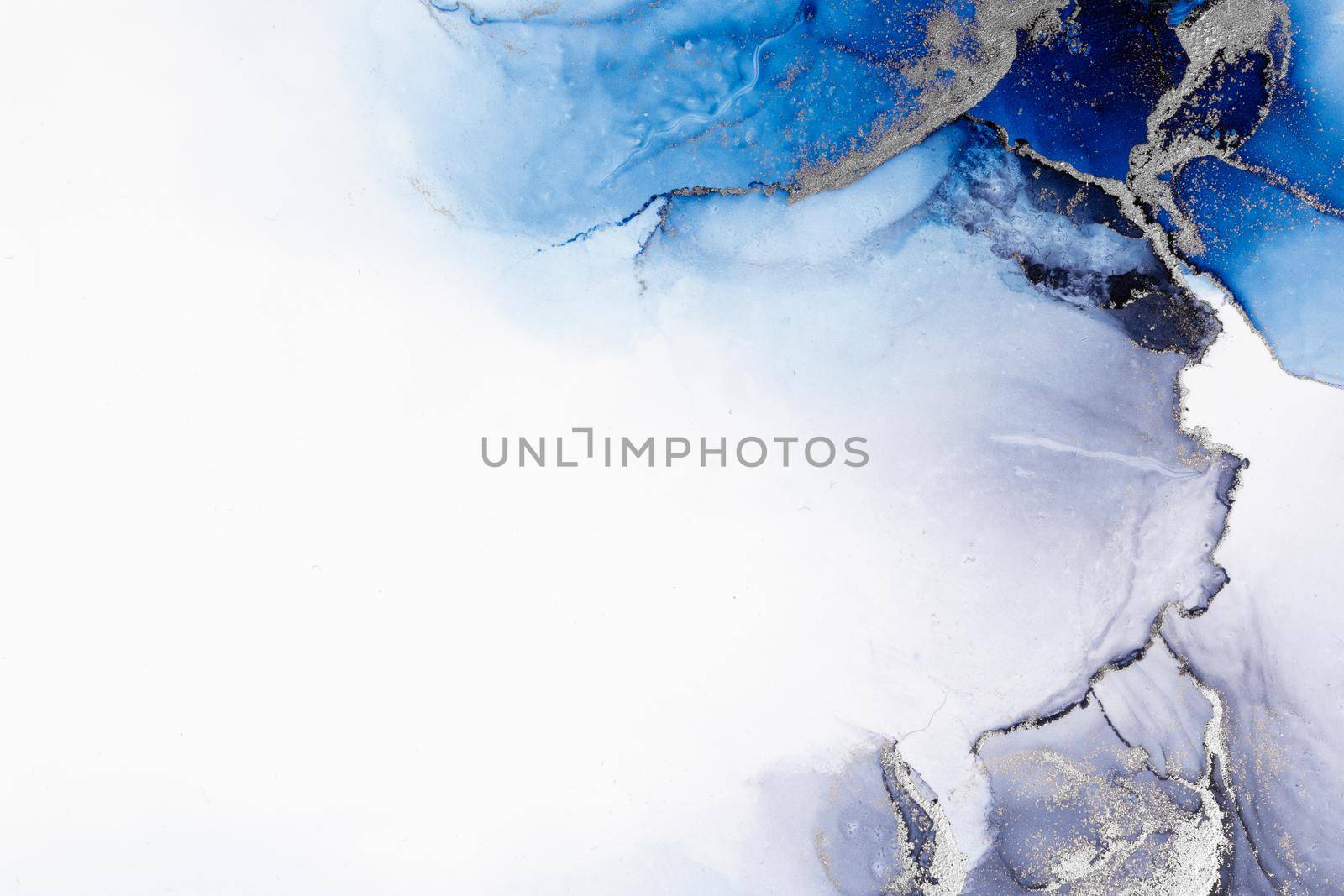 Blue silver abstract background of marble liquid ink art painting on paper . Image of original artwork watercolor alcohol ink paint on high quality paper texture .