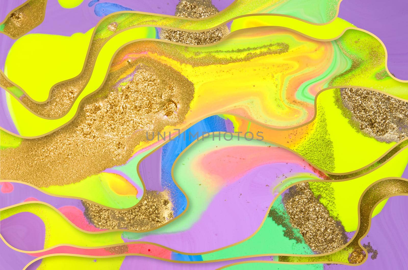 Gold dust and waves on fluorescent inks background