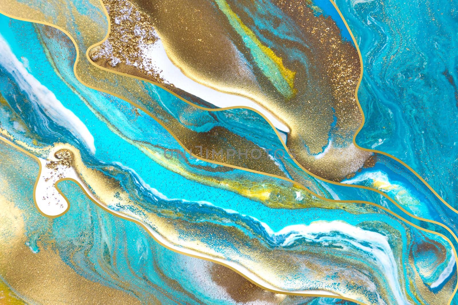 Streams of liquid blue, white and gold ink curls. Waves of fluid turquoise and golden waves