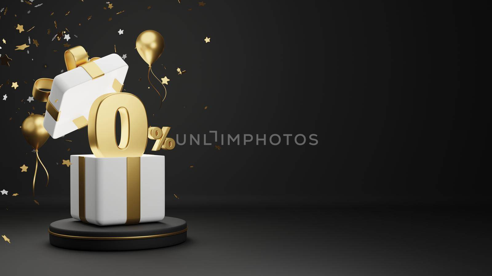 0% or zero percent in the with gift box with gold ribbon on podium and balloon on black background 3D render by Myimagine