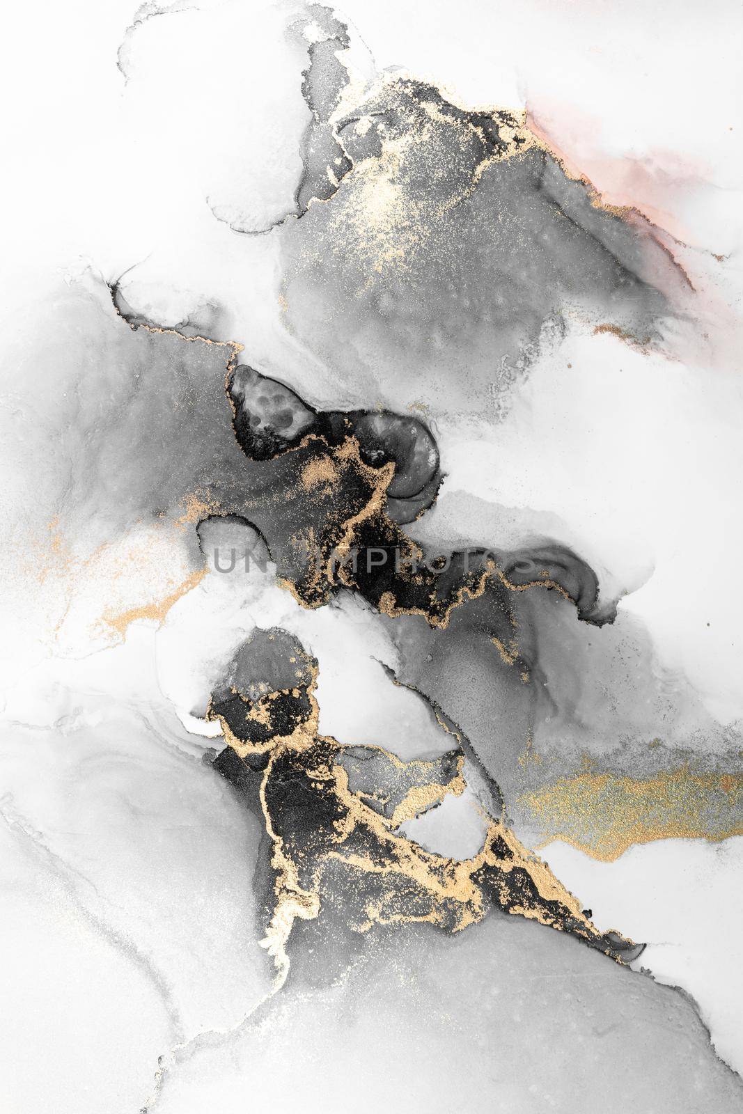 Black gold abstract background of marble liquid ink art painting on paper . Image of original artwork watercolor alcohol ink paint on high quality paper texture .