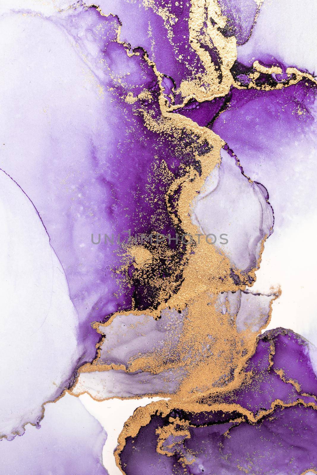 Purple gold abstract background of marble liquid ink art painting on paper . Image of original artwork watercolor alcohol ink paint on high quality paper texture .