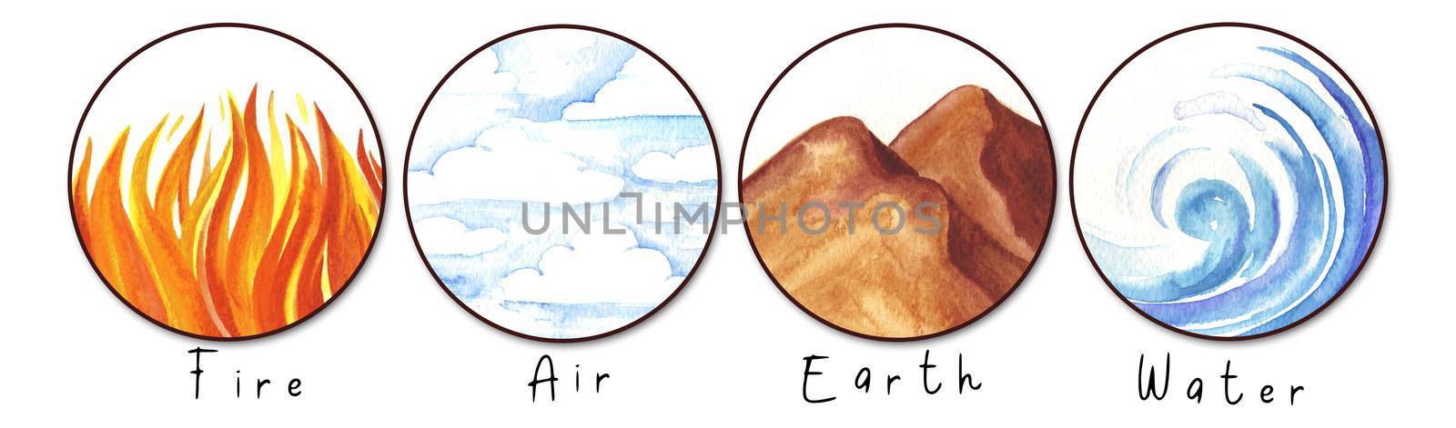 Four natural elements: fire, water, earth and air. Watercolor illustration set. by Yatsyshyna