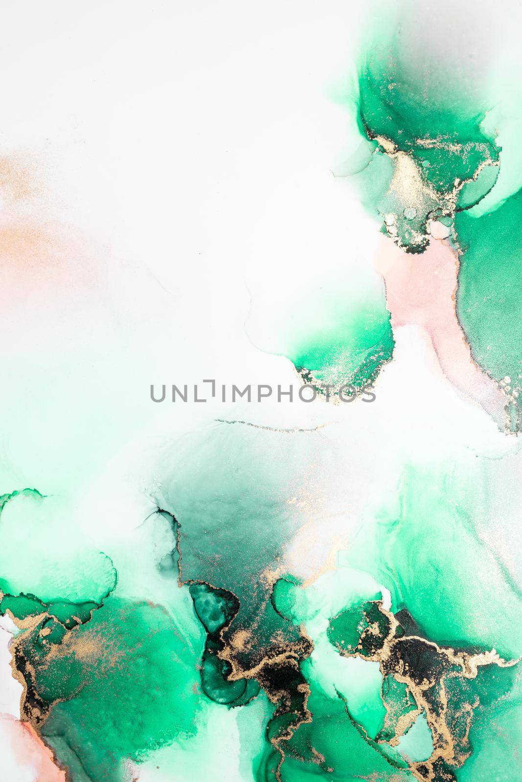 Green gold abstract background of marble liquid ink art painting on paper . Image of original artwork watercolor alcohol ink paint on high quality paper texture .