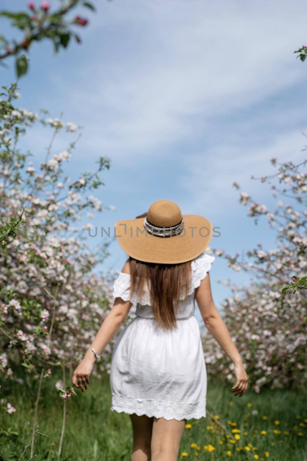 Spring concept. Nature.Young caucasian woman enjoying the flowering of an apple trees, walking in spring apple gardens