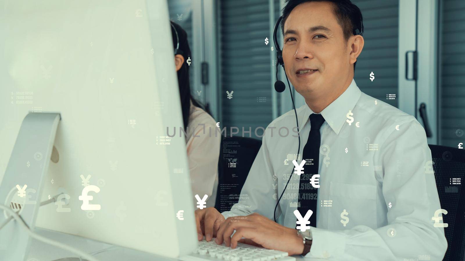 Customer support call center provide data in conceptual vision . Business and communication technology concept .