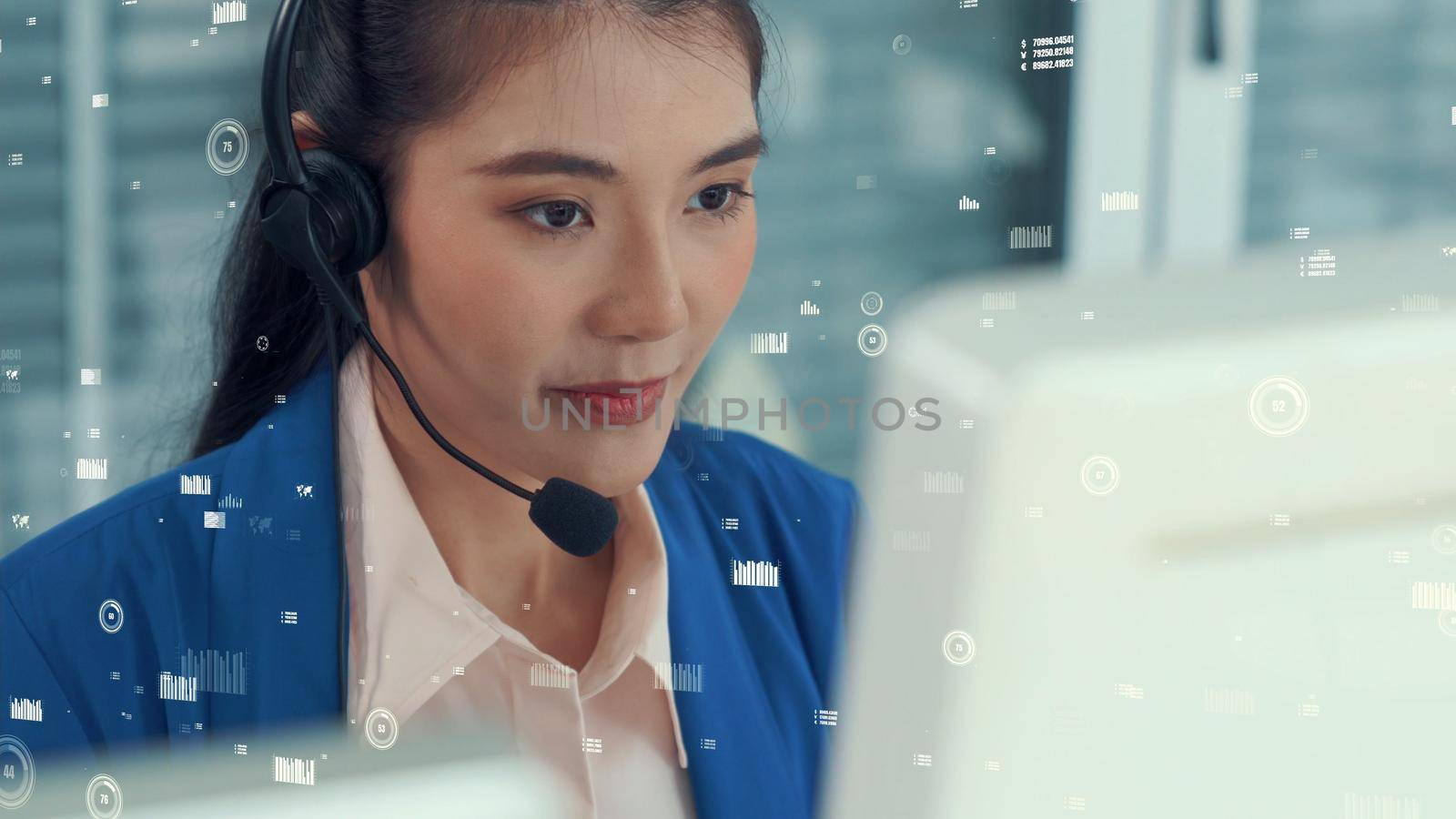 Customer support call center provide data with envisional graphic . Business and communication technology concept .