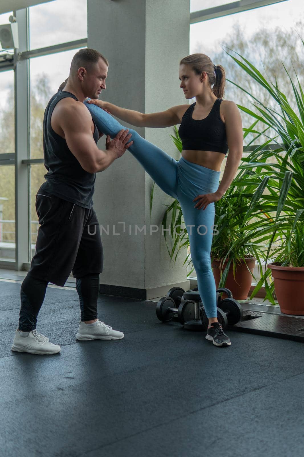 Trainer personal stretching twine healthy leg sport fitness gym lifestyle, for coach athlete in flexibility and club attractive, girl care. Outfit instructor female, by 89167702191