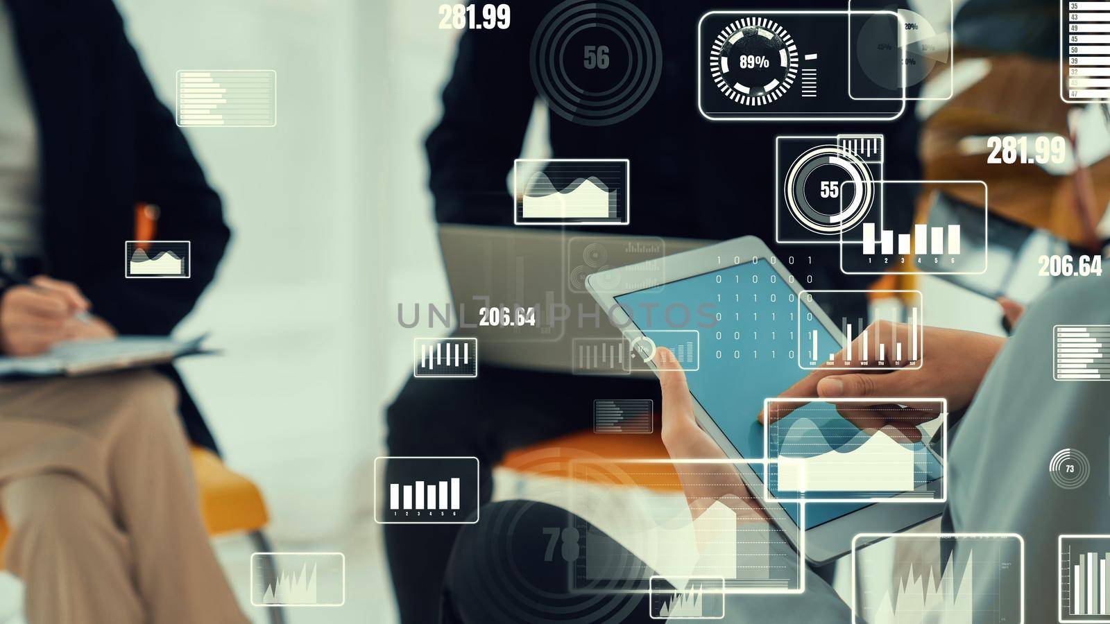 Business people in corporate staff meeting with envisional graphic . Concept of digital technology for marketing data analysis and investment decision making .