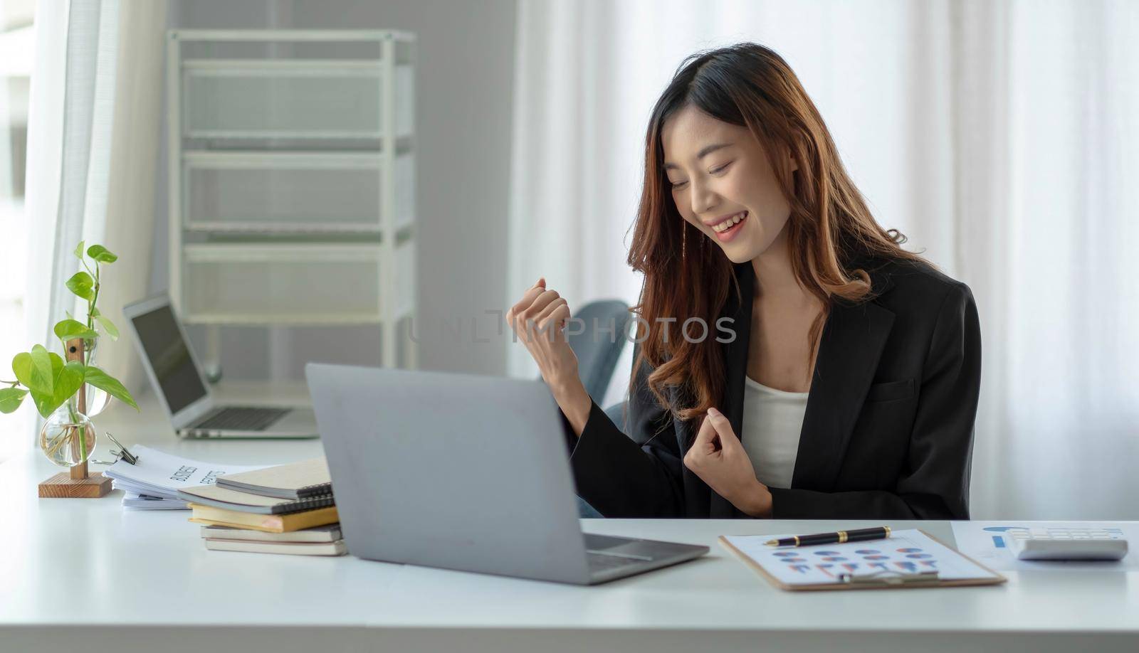 Portrait of smile beautiful business asian woman suit working office desk computer. Small business sme people employee freelance online start up marketing designer telemarket successful banner.