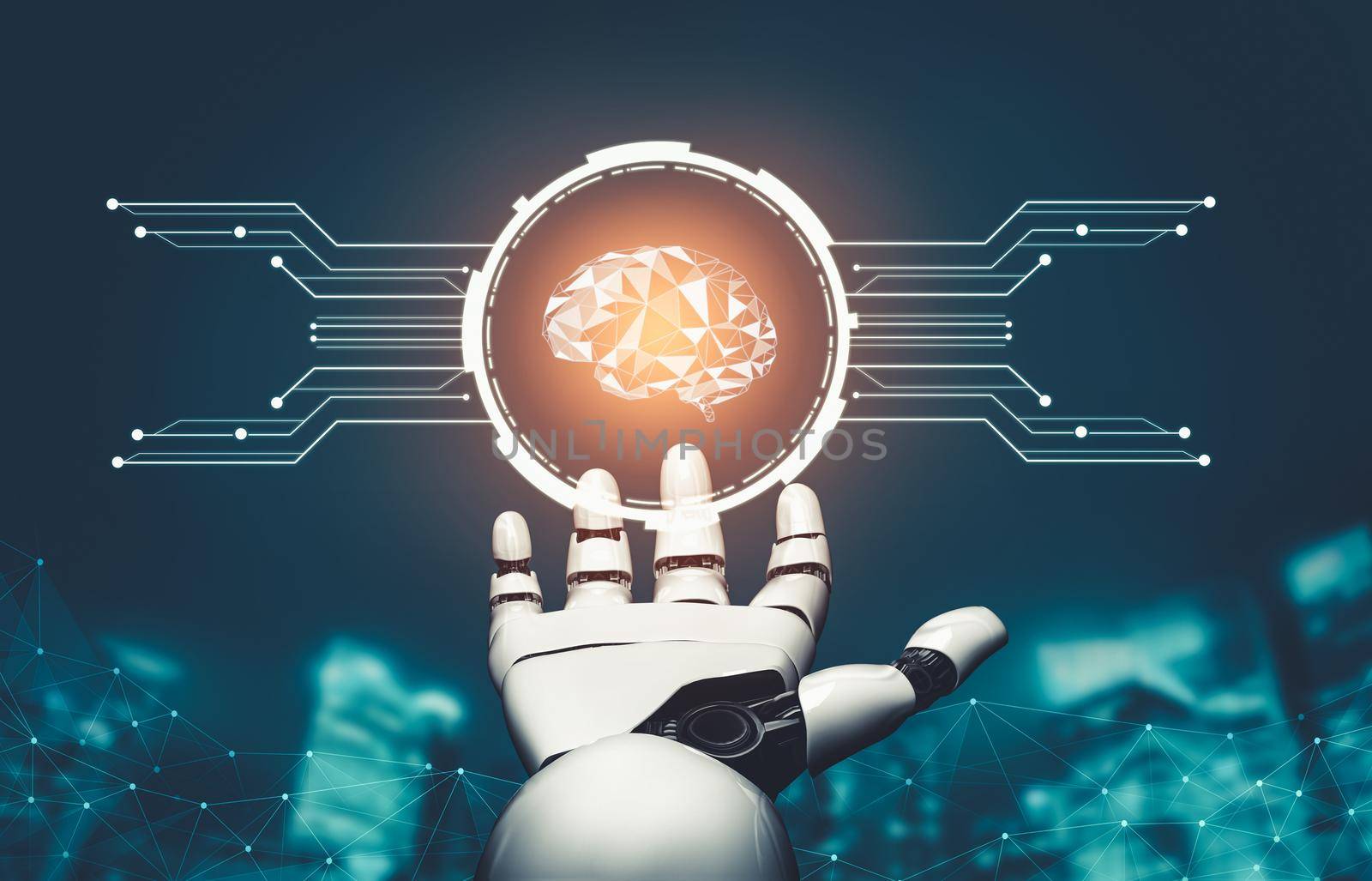 3D rendering futuristic droid robot technology development, artificial intelligence AI, and machine learning concept. Global robotic bionic science research for future of human life.
