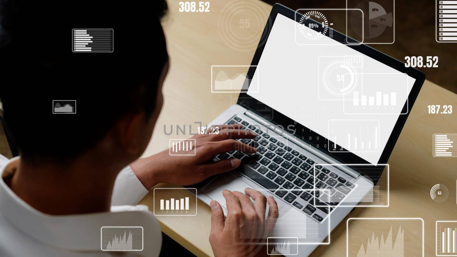 Conceptual business dashboard for financial data analysis . 3D render computer graphic .