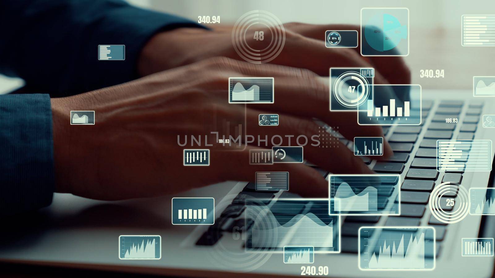 Businessman uses capable laptop computer to analyze business data analytic for marketing strategy and customer relationship management