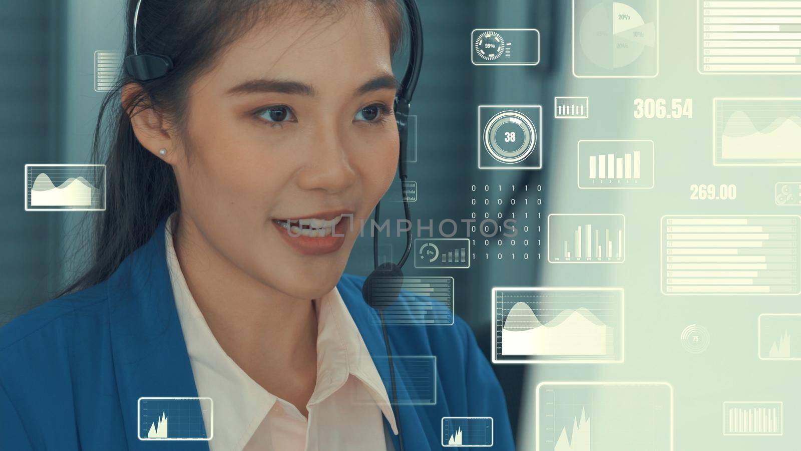 Customer support call center provide data with envisional graphic . Business and communication technology concept .