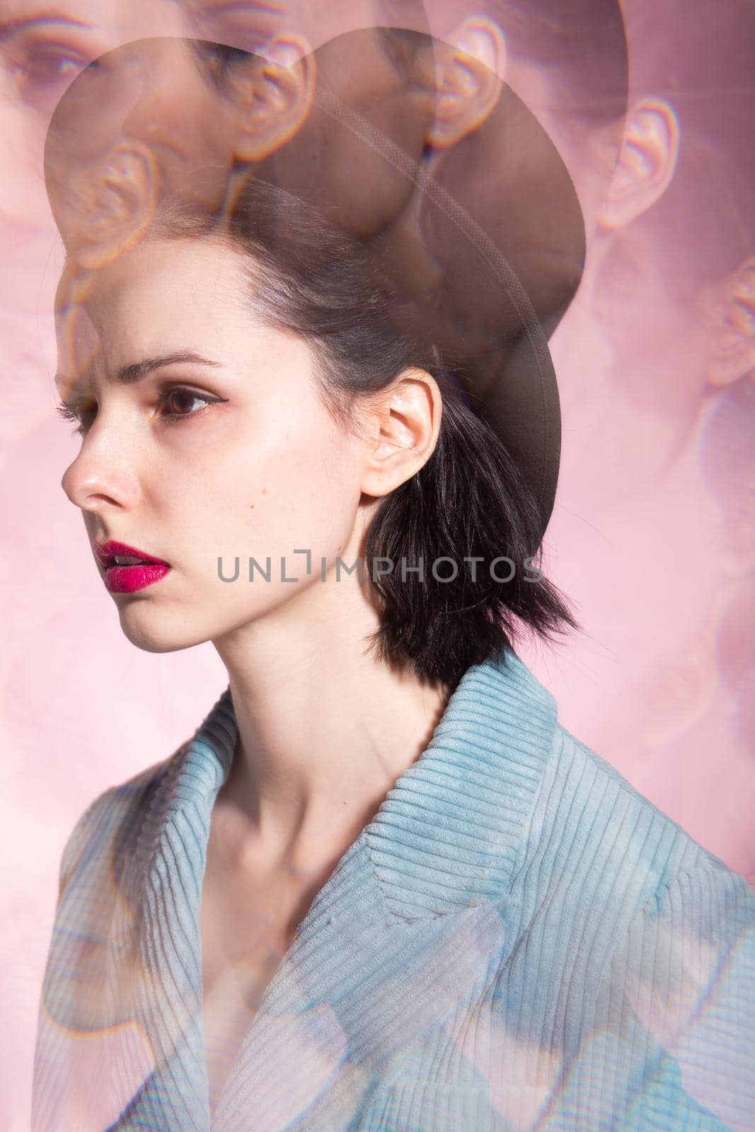art portrait, woman with pink lipstick in black hat and corduroy jacket by shilovskaya