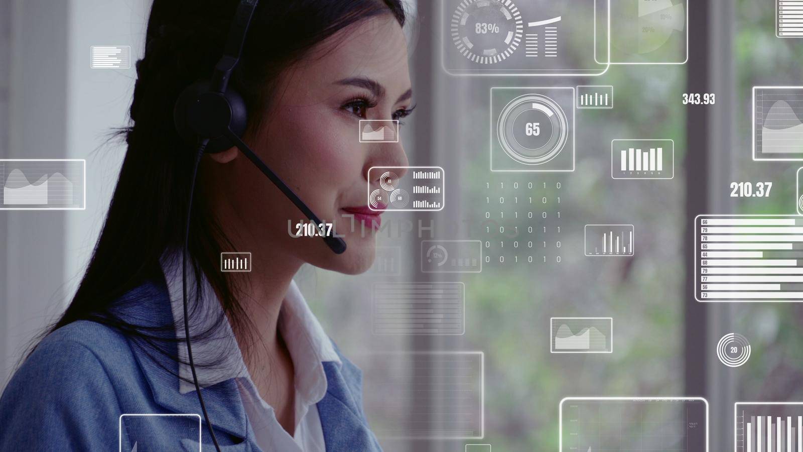 Customer support call center provide data in conceptual vision . Business and communication technology concept .
