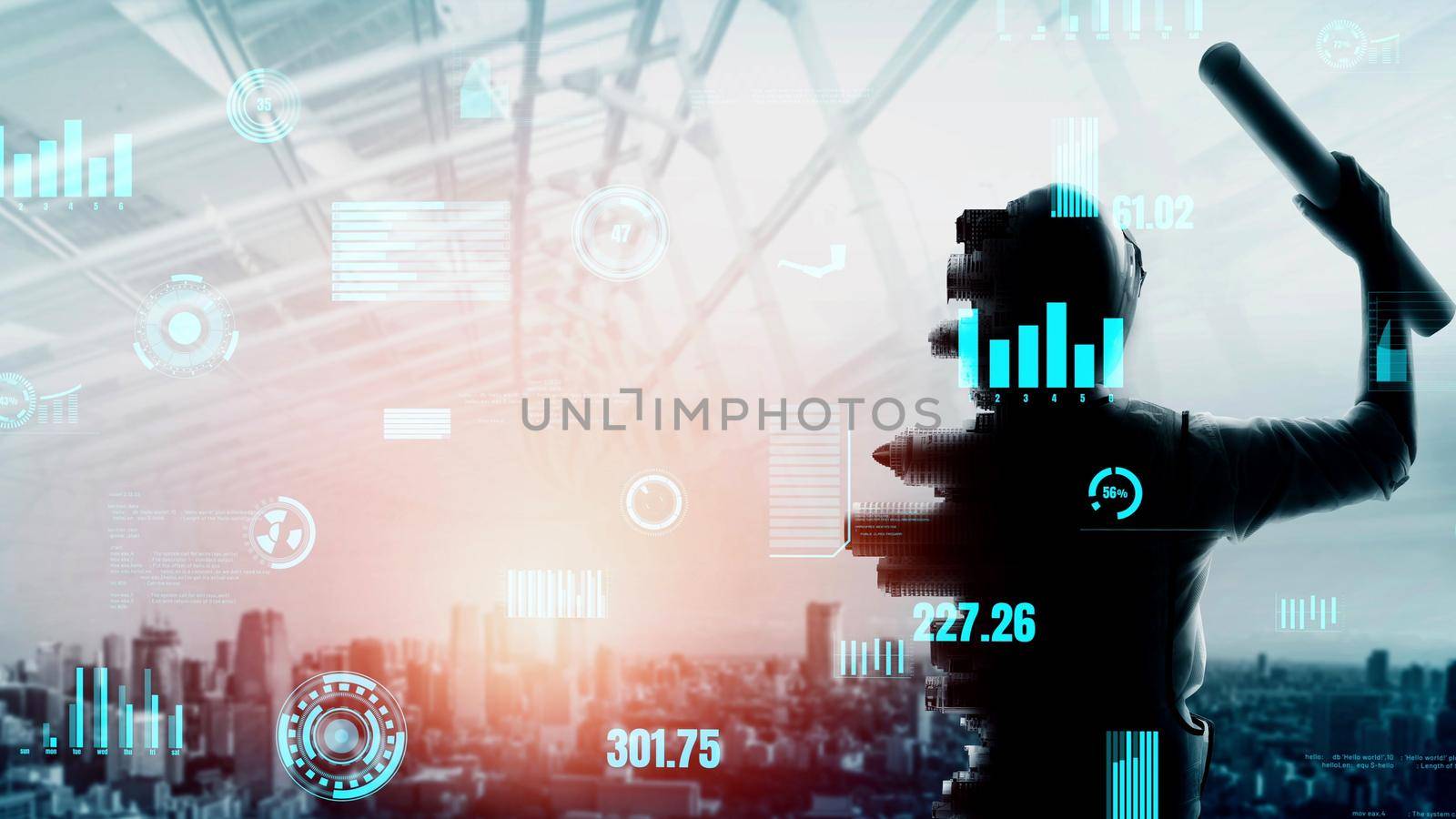 Future building construction and inventive engineering project concept with HUD hologram graphic design. Building engineer, architect people or construction worker works with modern civil technology.