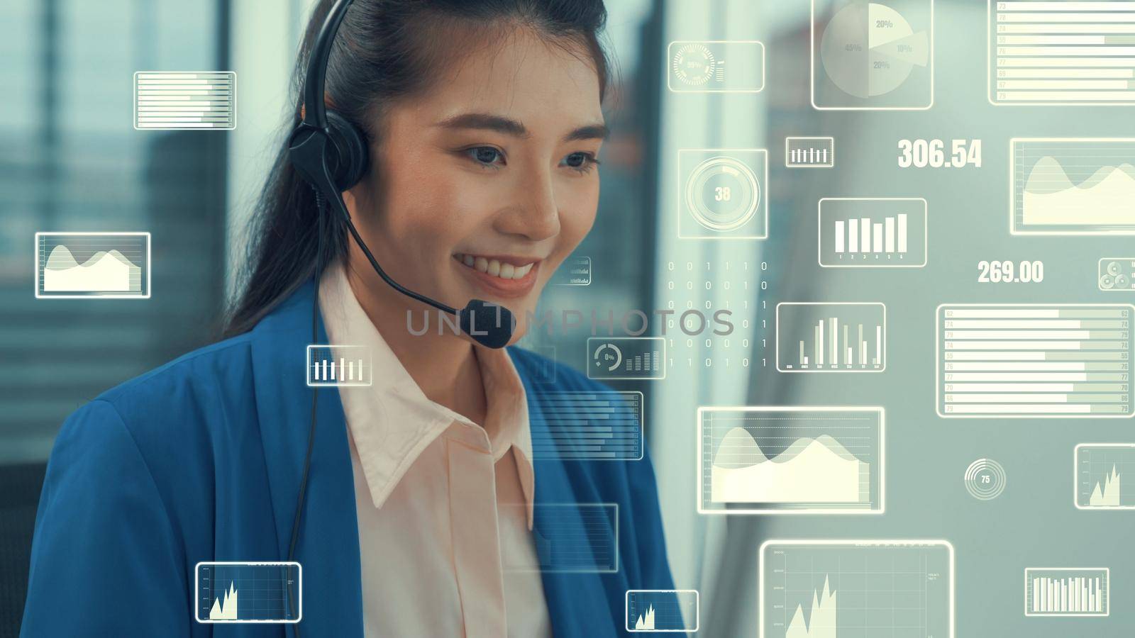 Customer support call center provide data with envisional graphic . Business and communication technology concept .