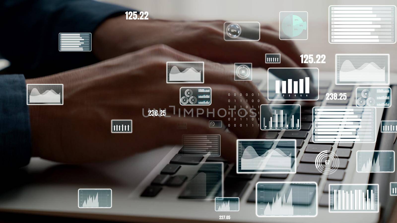 Businessman uses capable laptop computer to analyze business data analytic for marketing strategy and customer relationship management