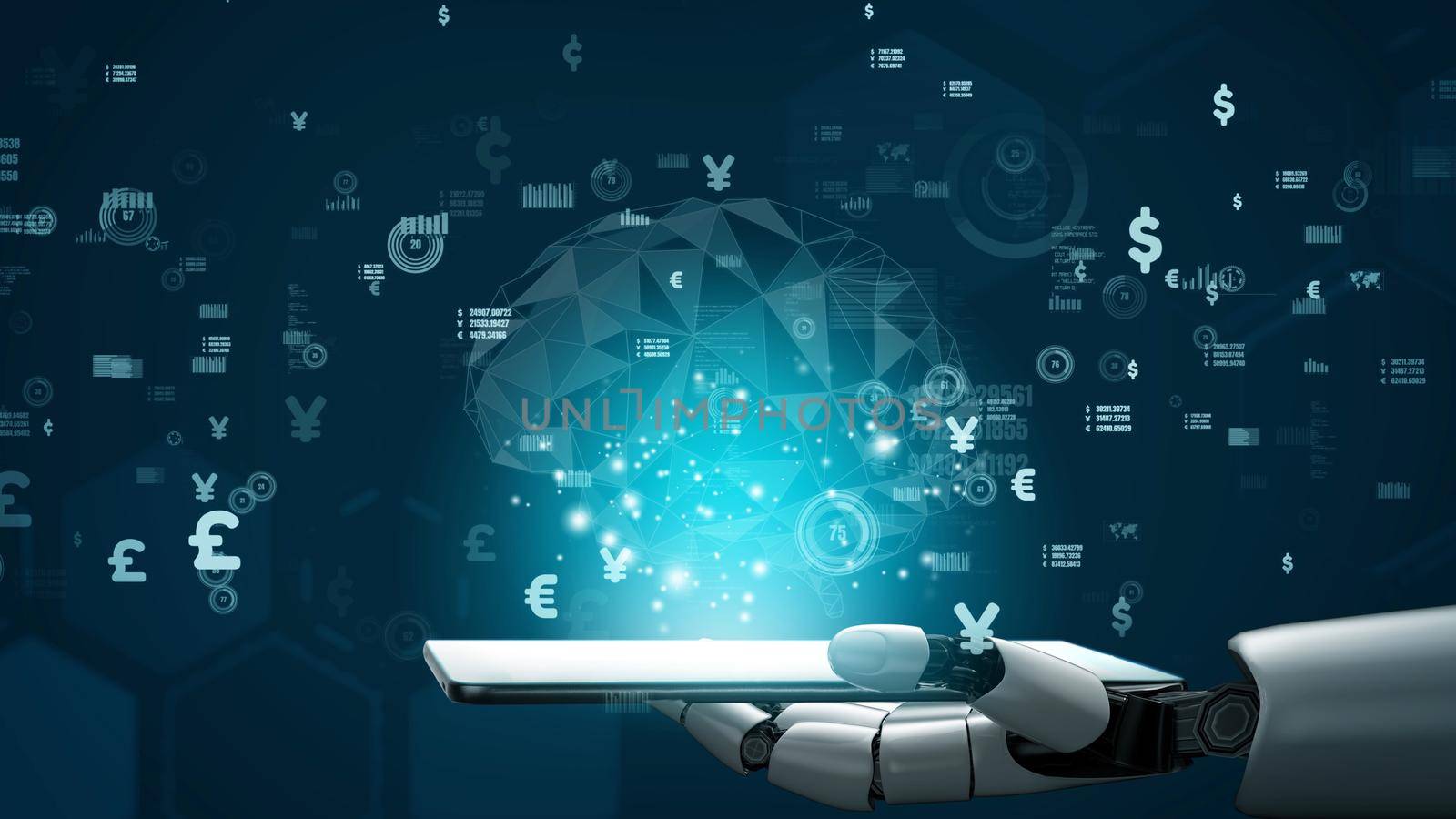 Futuristic robot artificial intelligence revolutionary AI technology development and machine learning concept. Global robotic bionic science research for future of human life. 3D rendering graphic.