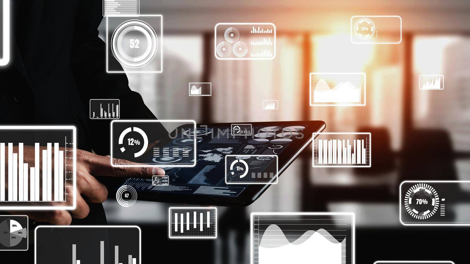 Conceptual business dashboard for financial data analysis . 3D render computer graphic .