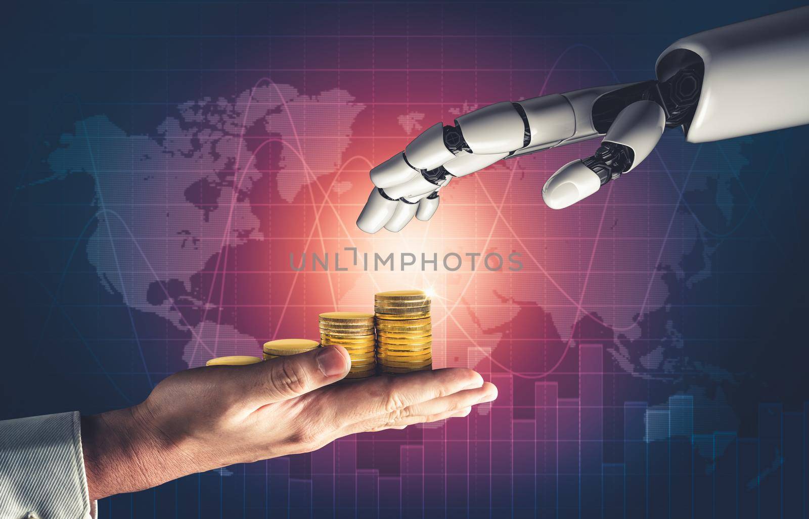 3D rendering futuristic droid robot technology development, artificial intelligence AI, and machine learning concept. Global robotic bionic science research for future of human life.