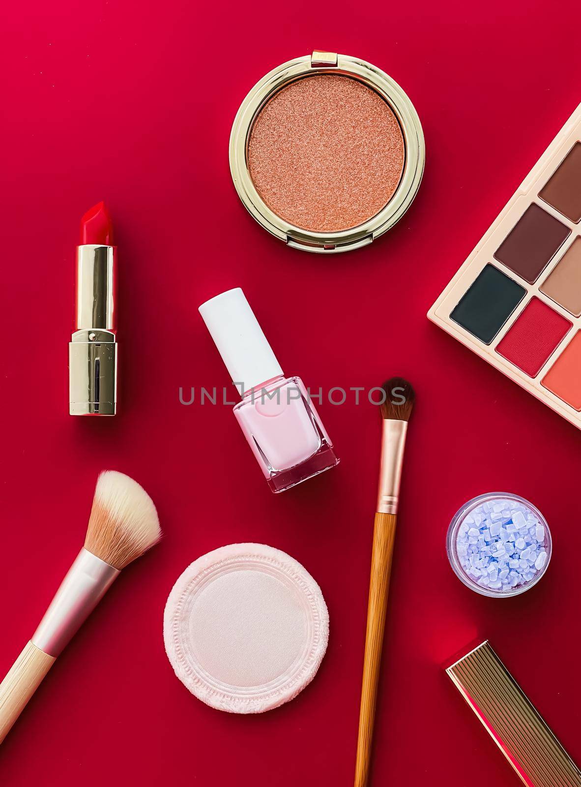 Beauty, make-up and cosmetics flatlay design with copyspace, cosmetic products and makeup tools on red background, girly and feminine style by Anneleven