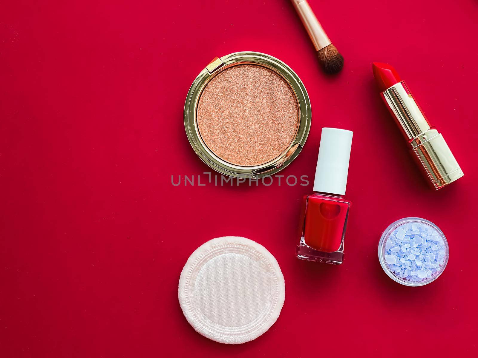 Beauty, make-up and cosmetics flatlay design with copyspace, cosmetic products and makeup tools on red background, girly and feminine style by Anneleven