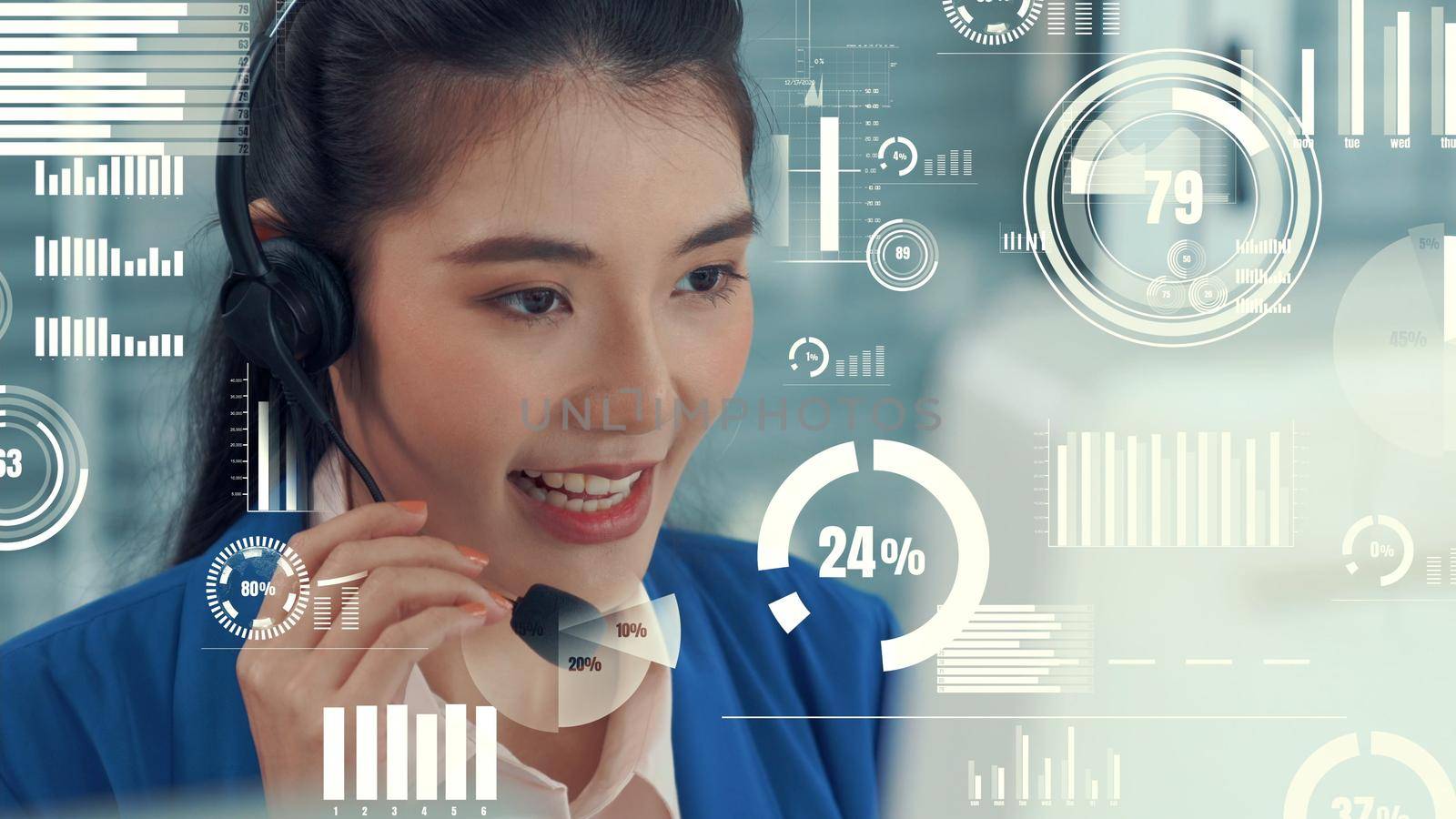 Customer support call center provide data with envisional graphic . Business and communication technology concept .