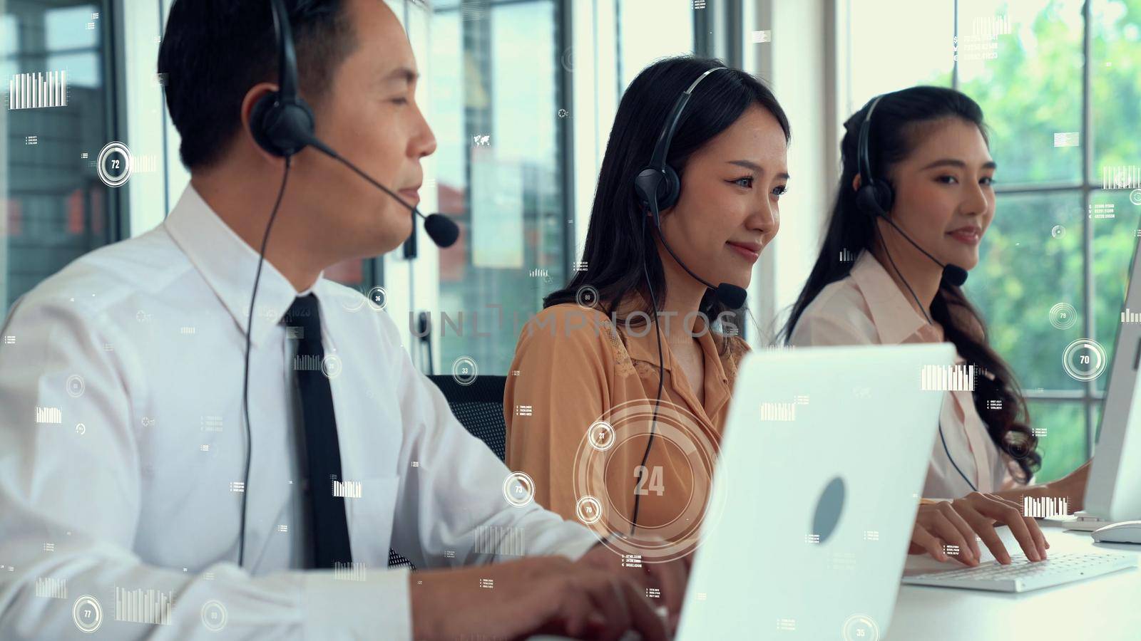 Customer support call center provide data in conceptual vision . Business and communication technology concept .