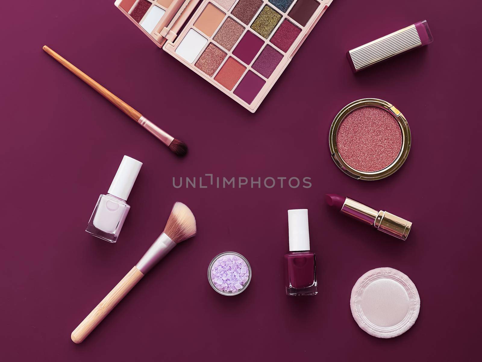 Beauty, make-up and cosmetics flatlay design with copyspace, cosmetic products and makeup tools on purple background, girly and feminine style by Anneleven