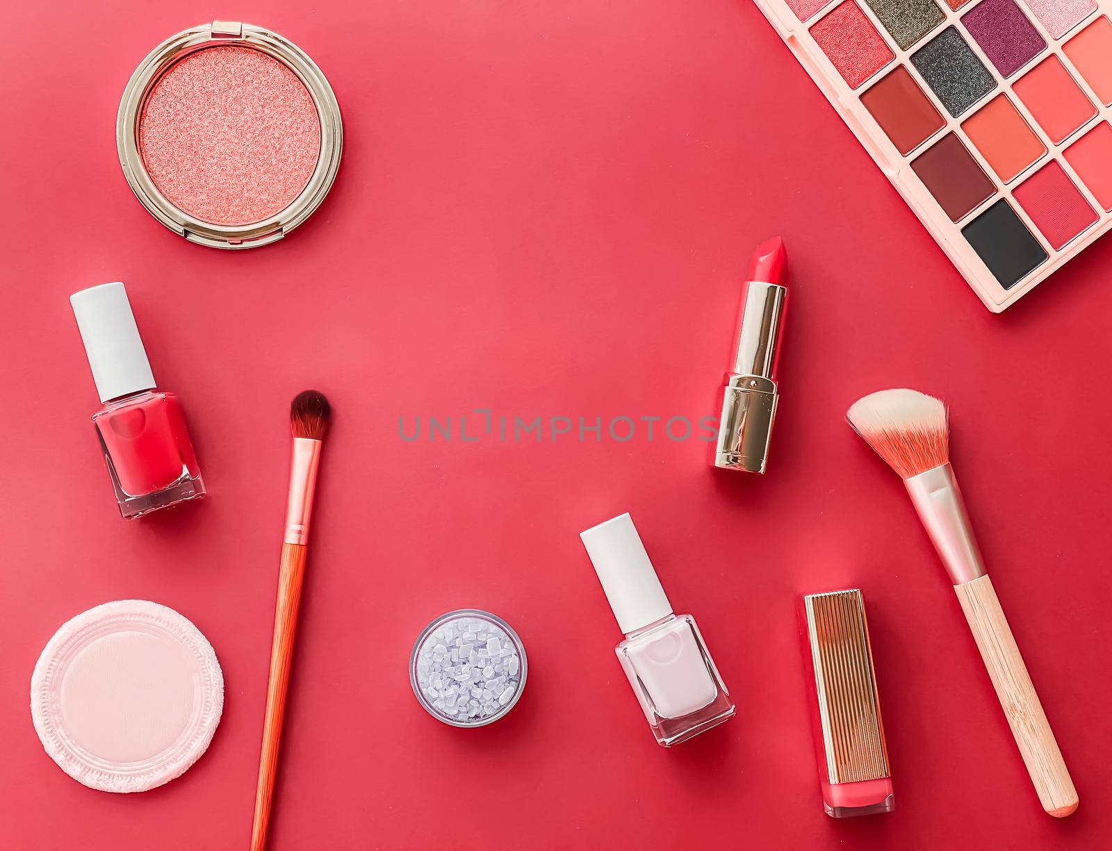 Beauty, make-up and cosmetics flatlay design with copyspace, cosmetic products and makeup tools on coral background, girly and feminine style by Anneleven
