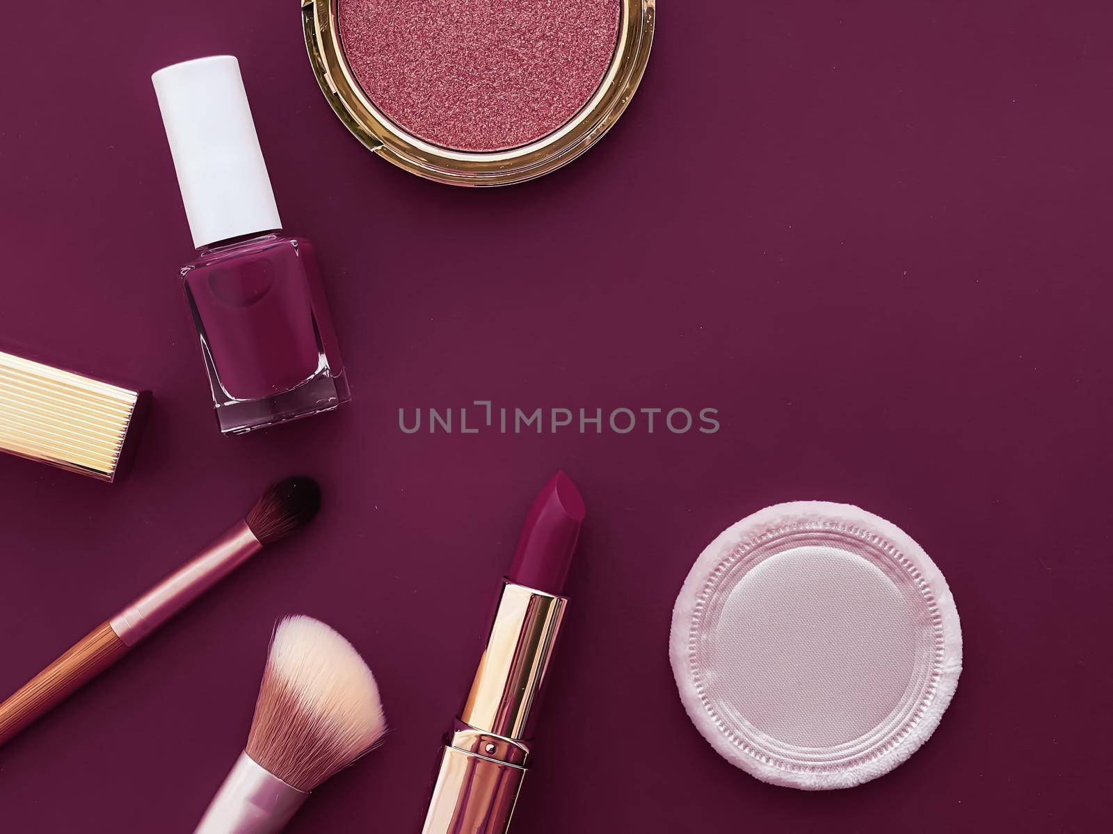Beauty, make-up and cosmetics flatlay design with copyspace, cosmetic products and makeup tools on purple background, girly and feminine style by Anneleven