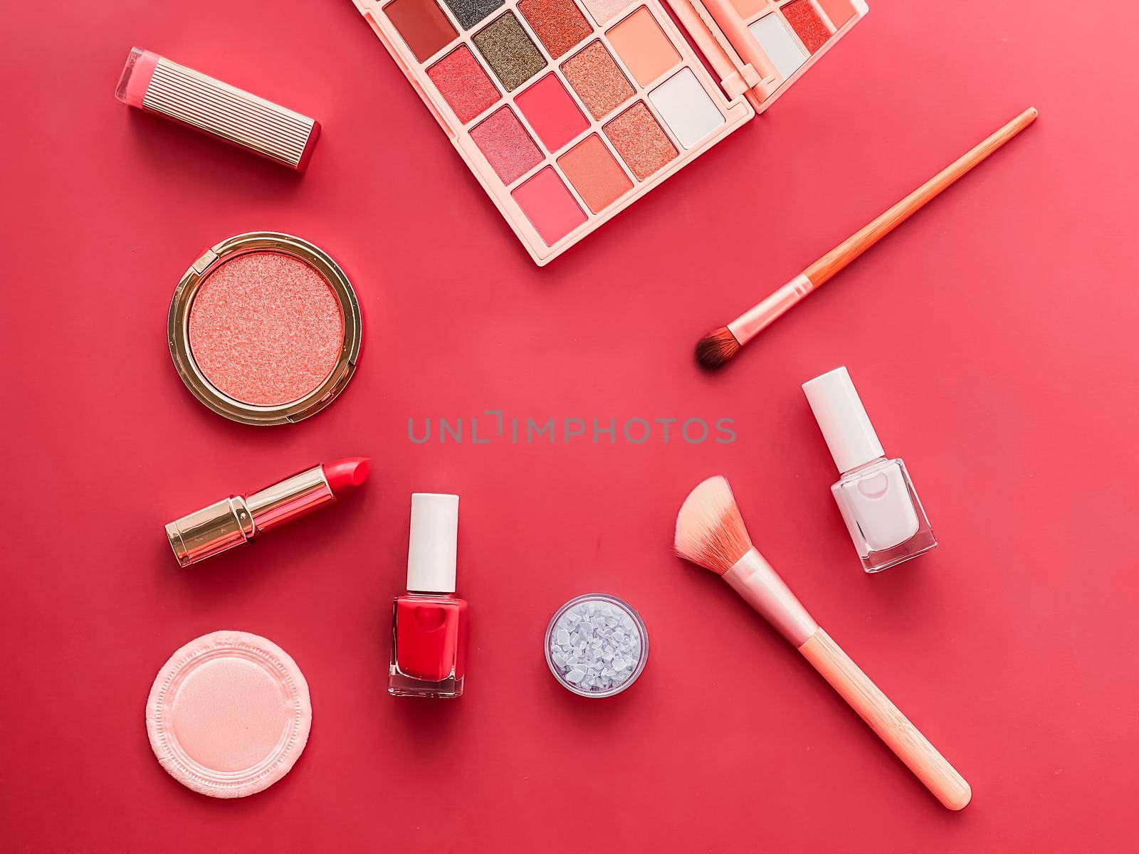 Beauty, make-up and cosmetics flatlay design with copyspace, cosmetic products and makeup tools on coral background, girly and feminine style by Anneleven