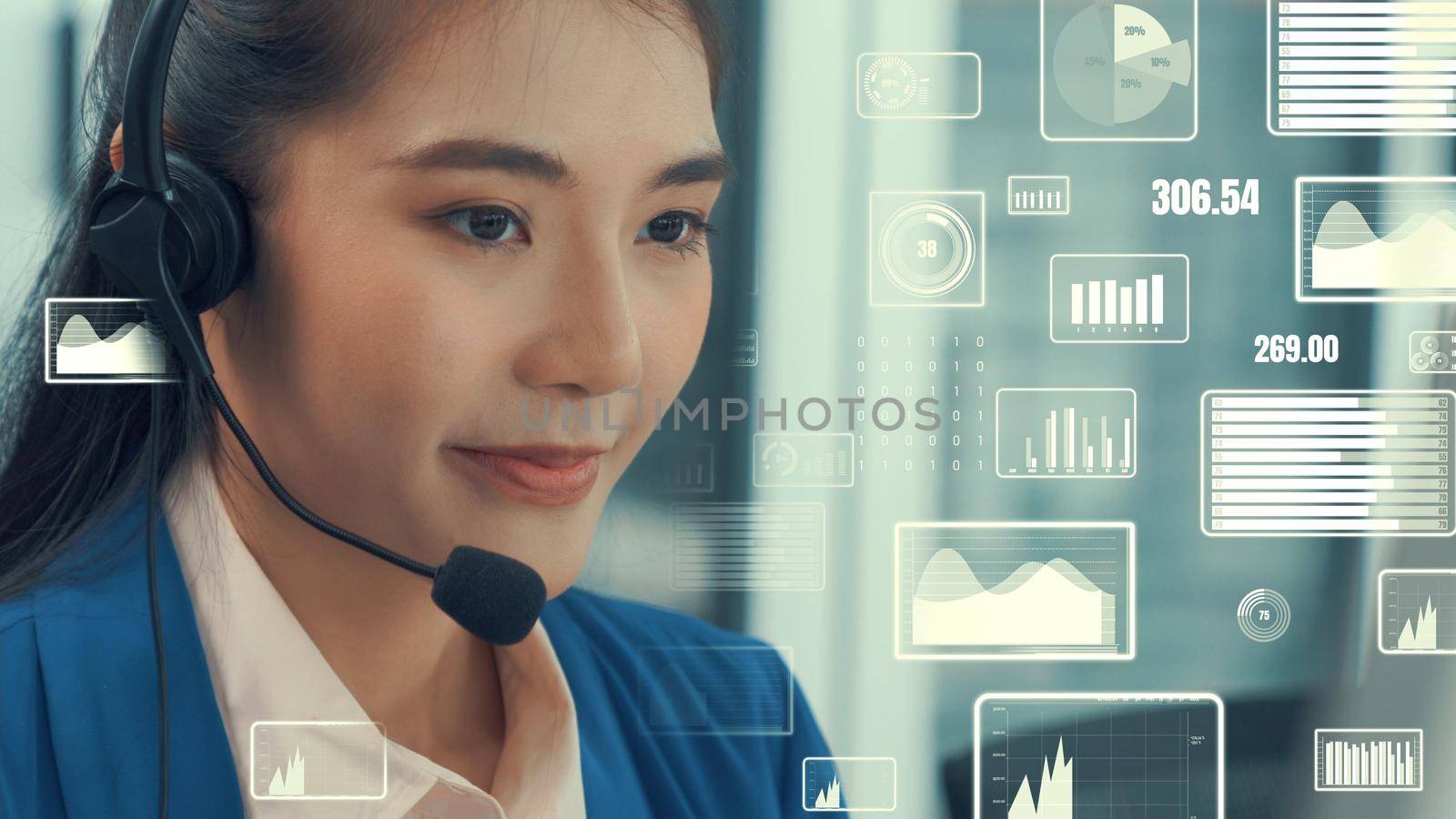 Customer support call center provide data with envisional graphic . Business and communication technology concept .